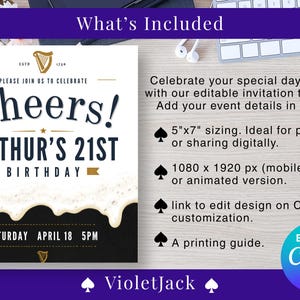 May include: An invitation template for a 21st birthday celebration. The design features the words "Cheers!" and "Arthur's 21st Birthday" in a stylish font, with a black and white color scheme. The invitation includes the date and time of the event.