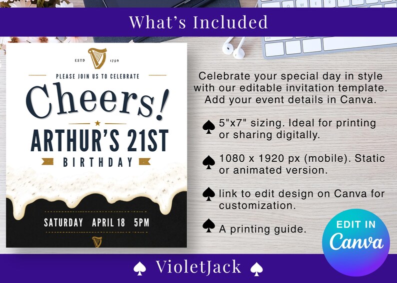 May include: An invitation template for a 21st birthday celebration. The design features the words "Cheers!" and "Arthur's 21st Birthday" in a stylish font, with a black and white color scheme. The invitation includes the date and time of the event.