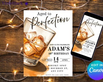 40th Birthday Invitation Template Editable Aged to Perfection Adult Birthday Party Invite Bourbon Theme Canva Digital Download