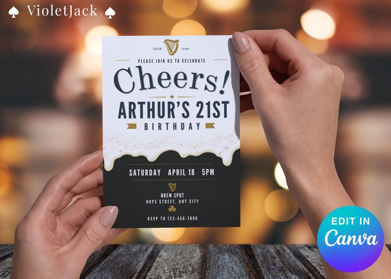May include: A birthday invitation card with the text "Cheers! Arthur's 21st Birthday". The card has a black and white design with a beer foam effect. The date and time are included. The card is held by two hands.
