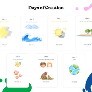 Puede incluir: Un conjunto de siete tarjetas de acuarela que ilustran los Días de la Creación. Cada tarjeta presenta una escena diferente, incluyendo la luz y la oscuridad, el cielo y las aguas, el sol, la luna y las estrellas, la tierra, el mar y las plantas.