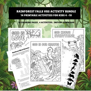 Może przedstawiać: Zestaw aktywności Rainforest Falls VBS zawierający 14 materiałów do druku dla dzieci w wieku 4-10 lat, w tym 10 kolorowanek i 4 zadania. Strony zawierają czarno-białe rysunki liniowe z tekstem, takim jak God Is Love, God Knows Everything oraz God Is Our Creator.