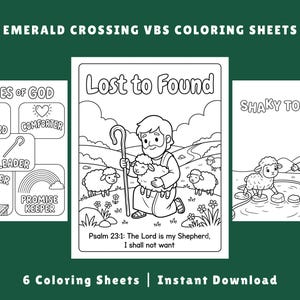 Könnte beinhalten: Drei schwarz-weiße Ausmalbilder mit dem Titel Emerald Crossing VBS Coloring Sheets. Die Seiten zeigen Illustrationen eines Hirten, von Schafen und religiöse Texte wie Lost to Found, Names of God und Shaky to Sure mit Psalm 23:1.