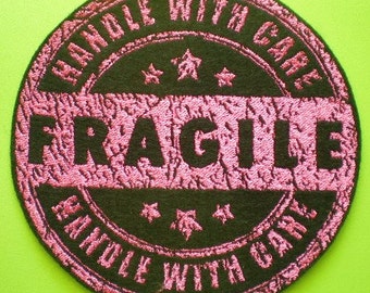 Large Embroidered Vintage Rubber Fragile Stamp, Distressed Look, Rubber Stamp, Fragile, Iron On Applique Patch