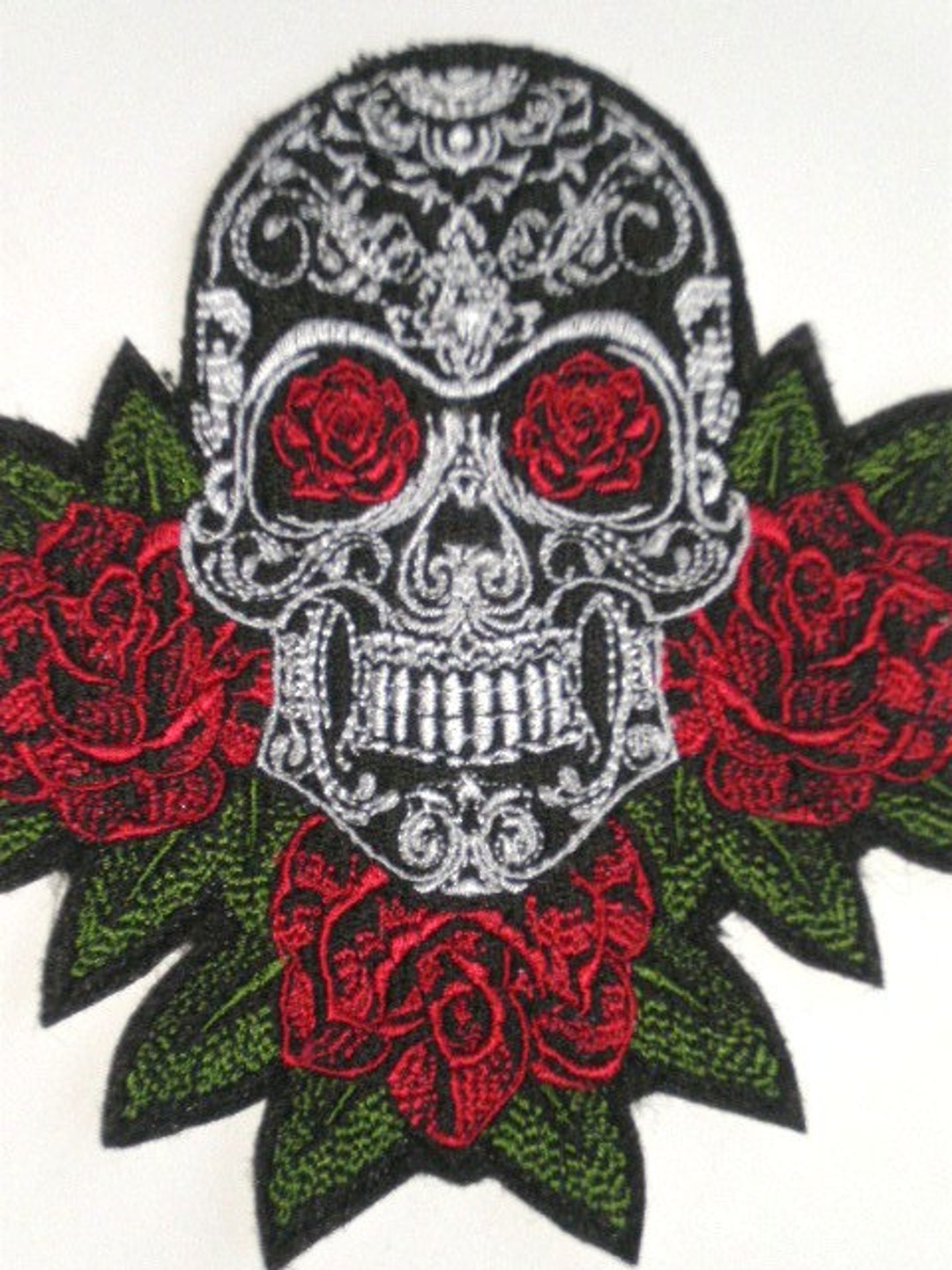 Sugar Skull and Roses Embroidered Iron on Patch, Applique, Day
