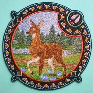 Extra Large Embroidered White-tailed Doe Shield, Outdoorsman, Nature, Hiker, Offered as Iron On Patch, Sew On Applique Patch image 1