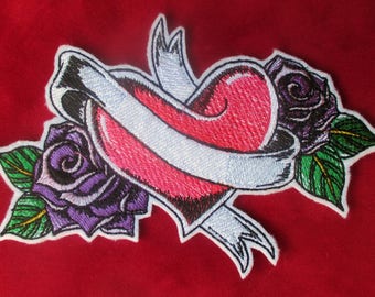 Large Embroidered Heart with Two Purple Roses Applique Patch, Love, Sweethearts and Biker Patch, Tattoo Style, Valentine's Day, Weddings
