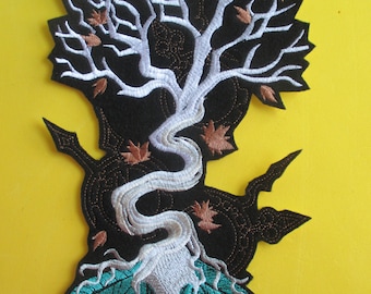 Extra Large Embroidered Steampunk Clock Works and Skull Applique Patch, Bird Skull, Feathers, Tree of Life, Falling Leaves, Iron On,  Sew On