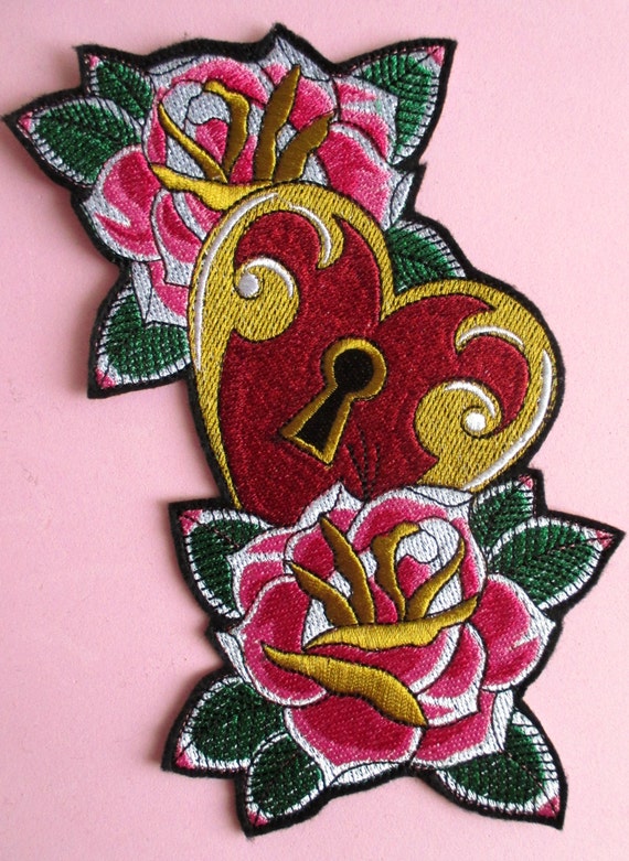 Large Embroidered Heart Locket With Roses Applique Patch Iron Etsy