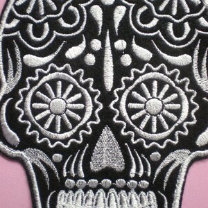 Medium 6 by 5 inch Embroidered Sugar Skull Applique Patch, Day of the Dead, Gothic, Halloween, Biker, Mexican, Mexico, Iron On or Sew On image 2