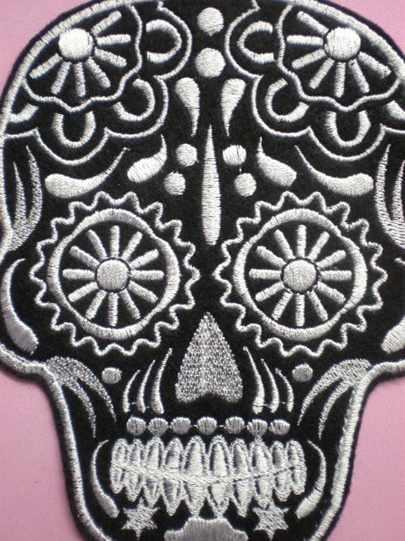 Medium 6 by 5 inch Embroidered Sugar Skull Applique Patch, Day of the Dead, Gothic, Halloween, Biker, Mexican, Mexico, Iron On or Sew On image 2