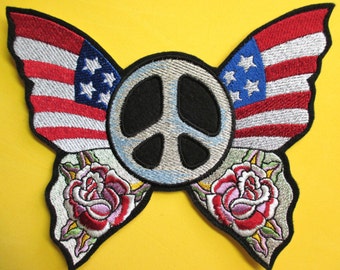 Jumbo Embroidered Patriotic American Flag, Roses, Peace Sign, Butterfly Applique Patch, Iron On or Sew On Patch, Peace Sign Patch, USA