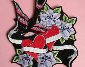 Large Embroidered Double Heart and Sparrow Applique Patch, Iron On, Sew On, Biker Patch, Tattoo Style, Valentine, Sweetheart, Flowers, Bird