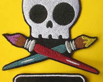 Embroidered Skully Artist Applique Patch with Name Tag , Skull, Skeleton, Artist Paintbrush, Iron On or Sew On Patch, Quilts, Crafts, Decor