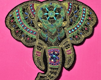 XL Embroidered Bohemian Dreams Elephant Applique Patch, Metallic Gold,  Iron On, Sew On, Jacket Patch, Pillows, Home Decor, Wall Art, Crafts