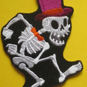 Large Embroidered Dancing Skeleton Applique Patch. Halloween Skeleton, Iron On or Sew On, Halloween Decorations, Crafts, Costumes, and More