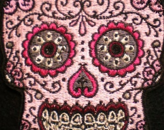 Embroidered Sugar Skull Applique Iron On Patch, Pink Sugar Skull Applique, Mexican Day Of The Dead Patch, Gothic