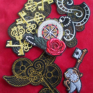 Embroidered Steampunk Clockworks  Value Pack of Iron On  Applique Patches, Specialty and Metallic Gold and Silver Threads, Key, Gears, Rose