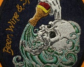 Embroidered Applique Patch, Skull, Skeleton, Day of the Dead, Beer Wine and Sprits, Dia de Los Muertos, Mexico, Biker