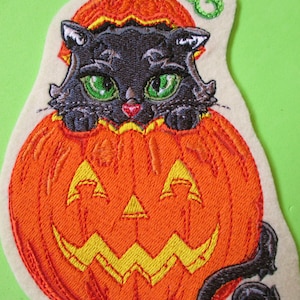 Large Embroidered Cat in a Pumpkin Applique Patch, Halloween Patch, Kitty, Cat, Pumpkin, Iron On or Sew On Halloween Patch