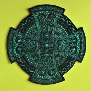 XL Embroidered Celtic Cross Design Applique Patch,  Green Celtic Cross, Iron On or Sew On, Jacket Patch, Home Decor, Pillows, Quilts, More