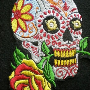 Large Embroidered Applique &quot;Day of The Dead&quot;  Sugar Skull Iron On Patch,  Mexican Patch, Biker Patch, Gothic Patch
