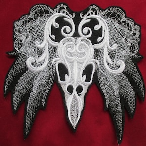 Large Embroidered Ghostly Baroque Bird Skull, Halloween, Gothic, Lacy and Dramatic Skull, Spooky Decoration, Ghostly and Edgy