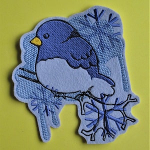 Embroidered Blue Bird of Winter Applique Patch, Iron On or Sew On,Blue Bird, Winter, Snow Flakes, quilting, pillows, Bags and Totes, Crafts