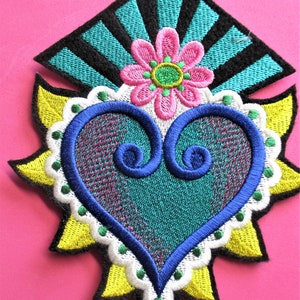Extra Large Embroidered Milagro ( Miracle ) Heart Cross Flame Applique Patch, Biker Patch, Spanish, Mexican, Iron On or Sew On, Valentine