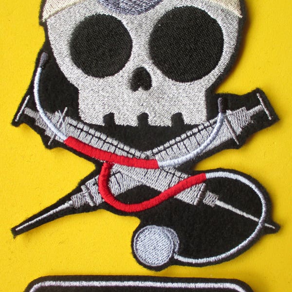 Embroidered Skully Doctor Applique Patch with Name Tag, Skull, Skully, Skeleton, Doc, for Bags, Quilts, Clothing, Home Decor and Much More