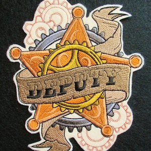 Extra Large Embroidered Steampunk Deputy Badge, Steampunk Gears and Wheels, Big Gold and Brass Star, Applique Patch, Iron On, Sew On, Biker