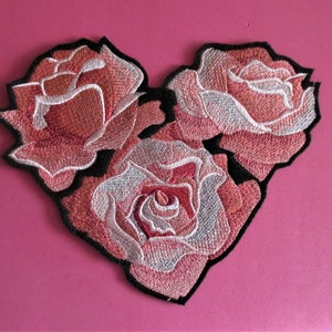 Extra Large &quot;Heart of Roses&quot; Embroidered Applique Patch, Iron On or Sew On, Valentine, Wedding, Love and Romance, Jacket Patch and Crafts