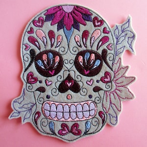 Large Embroidered Sugar Skull Applique Patch, Day of the Dead, Dia de los Muertos, Mexico, Biker Patch, Gray Skull, Flowers, Skeleton, Iron