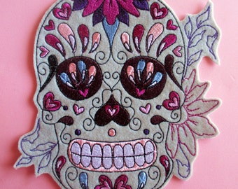 Large Embroidered Sugar Skull Applique Patch, Day of the Dead, Dia de los Muertos, Mexico, Biker Patch, Gray Skull, Flowers, Skeleton, Iron