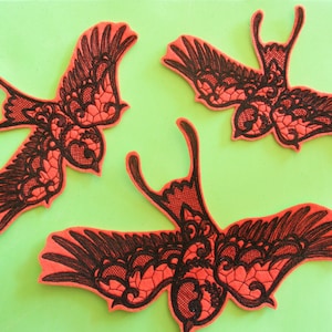 Embroidered Lace-like  Swallow Applique Patch,  Bird, Iron On or Sew On Patch, All Sizes, Jumbo, Large, Medium, Delicate Orange Lace Swallow