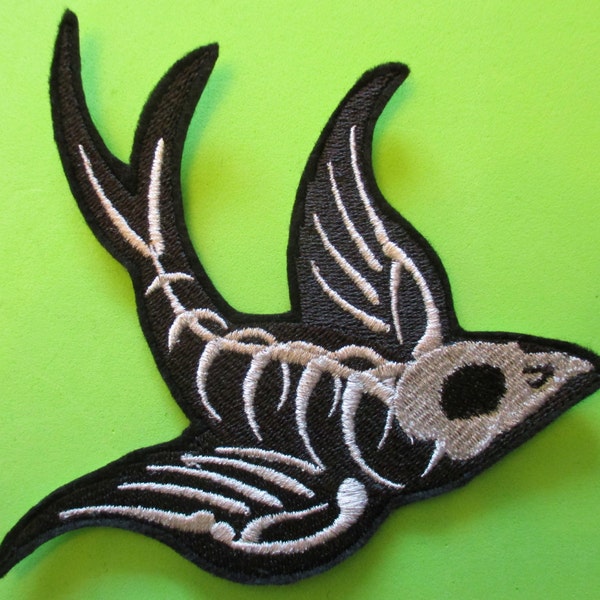 Larger Embroidered Swooping Swallow Applique Patch, Skeleton Patch, Skull Patch, Biker Patch, Gothic Look,Skeleton Bird