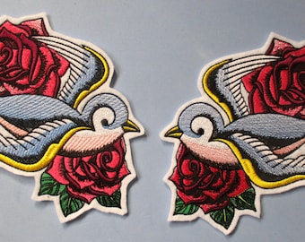 Large Embroidered  Bird, Swallow  Applique Patch, Tattoo Style Roses and Swallow Biker Patch, Single Left or Right, or the Pair