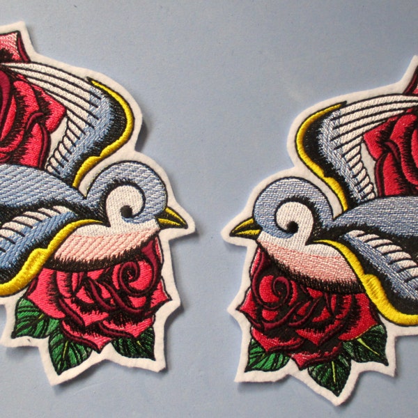 Large Embroidered  Bird, Swallow  Applique Patch, Tattoo Style Roses and Swallow Biker Patch, Single Left or Right, or the Pair