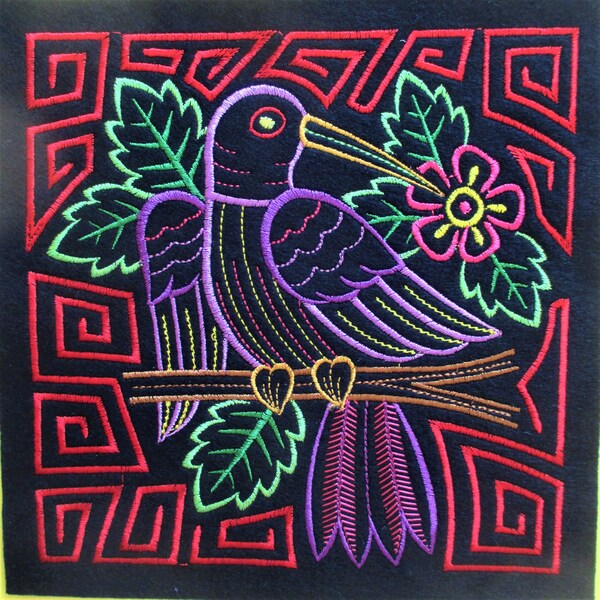 Embroidered Mola Applique Patch, Replica, Panama, Kuna, Guna, Tropical Bird, Bright Native Colors, Sew On, Island, Tropical Jungle Setting