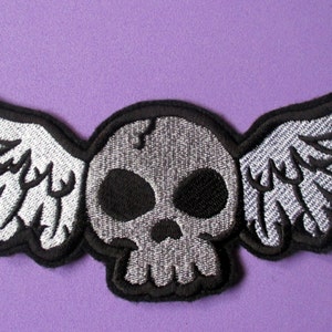 Embroidered Skull with Wings Applique Patch, Iron On, Sew On, Biker Patch, Skeleton, Angel Wings, Motorcycle Patch, Tattoo Style Applique