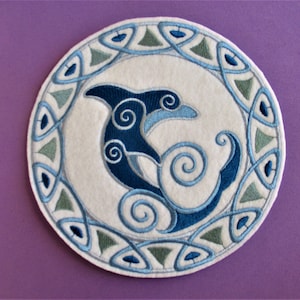 XL Embroidered Enchanting Dolphin Celtic Knotwork Applique Patch, Iron, Ocean and Sea Creature, Playful Dolphin, Blue Dolphin, Bags, Crafts