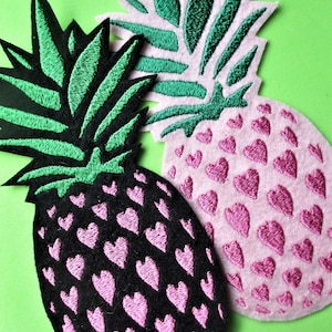 Large Embroidered Pineapple Applique Patch  and Hearts, Tropical Fruit , Pink and Black, Pink on Pink Pineapple, Bags, Decor, Crafts, More