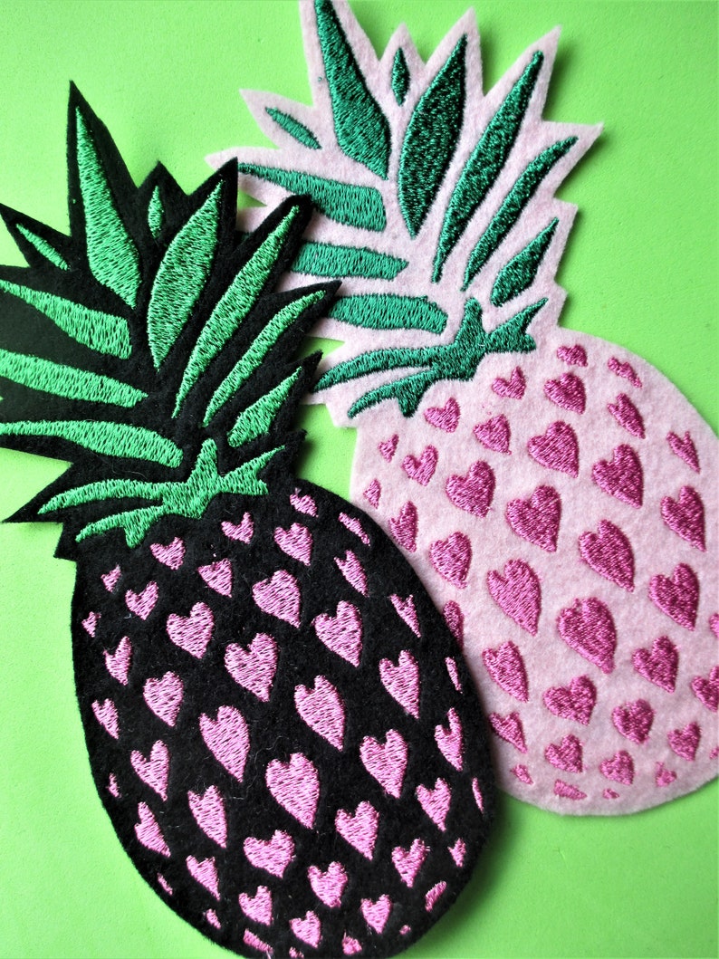 Large Embroidered Pineapple Applique Patch and Hearts, Tropical Fruit ...