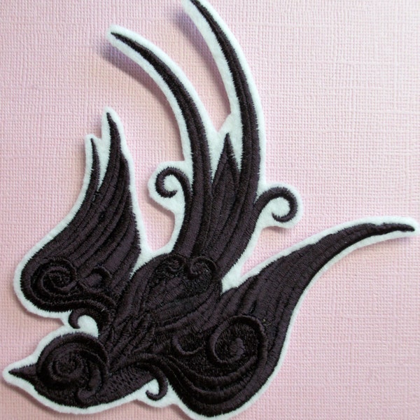 Embroidered Baroque Swallow Applique Patch, Iron On, Sew On, Sparrow Patch, Bird Applique, Swooping Sparrow in Flight