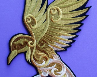 XL Embroidered Gold Baroque Raven  Applique Patch, Biker Patch, Motorcycle Patch, Gothic Look, Golden Raven, Edgar Allen Poe, Bird