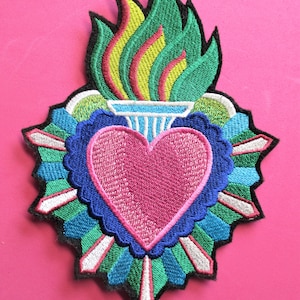 Large Embroidered Milagro ( Miracle ) Heart, Torch, Flame Applique Patch, Biker Patch, Spanish, Mexican, Iron On or Sew On, Valentine