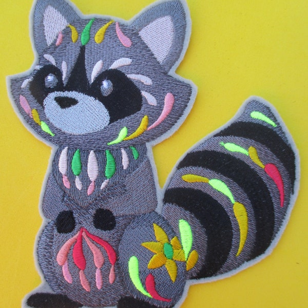 Large Embroidered Raccoon Applique Patch with Floral Designs, Iron On or Sew On Patch,  use for Clothes, Bags, Quilts, Home Decor, Crafts