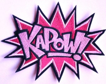 Large Iron On Embroidered Patch, Super Hero Patch in Pink and Black, for the Girls, applique Patch. KAPOW