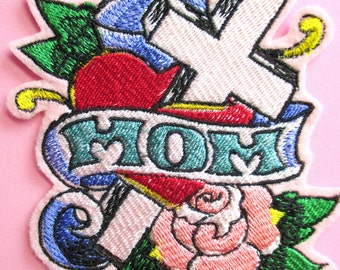 Embroidered Mom Tattoo Applique Patch, Mothers Day Tattoo Patch, Iron On, Sew On, Patch, Biker Patch, Biker Moma, Heart, Rose, Cross Patch