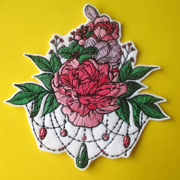 Large Embroidered Flowers and Jewels Applique Patch, Roses, Suitable for Home Decor, Blue Jeans, Denim, Jacket, Bags, Vest, Detailed